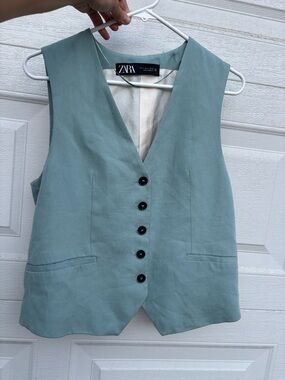 Zara Light Teal V-Neck Button Vest